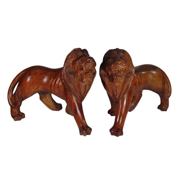 Set o2 Huge Hand-Carved Mid Century Wooden Wood  Roaring Lion Statues 17x13 - Picture 6 of 16